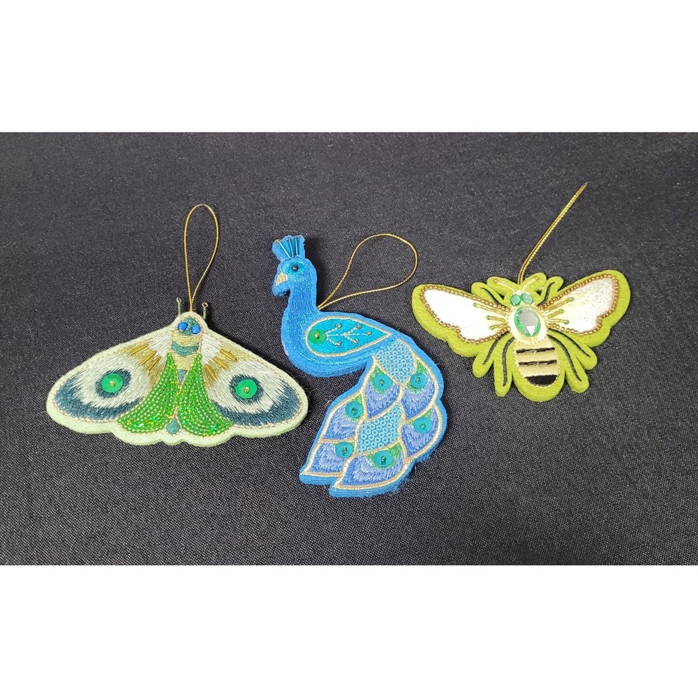 Set of 3 Felt Luna Moth, Peacock & Bee Christmas Tree Ornaments Green Blue